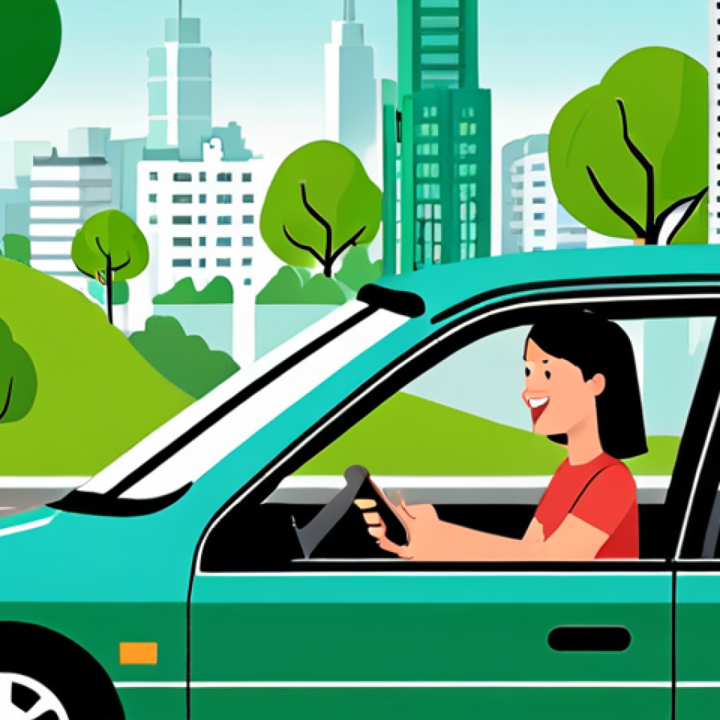 **Carpooling Platform**: Create an illustration showing a diverse group of people sharing a ride in a car, highlighting a smartphone displaying a carpooling app interface. The background should depict a cityscape with green trees to emphasize environmental awareness and sustainable mobility.