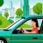 **Carpooling Platform**: Create an illustration showing a diverse group of people sharing a ride in a car, highlighting a smartphone displaying a carpooling app interface. The background should depict a cityscape with green trees to emphasize environmental awareness and sustainable mobility.