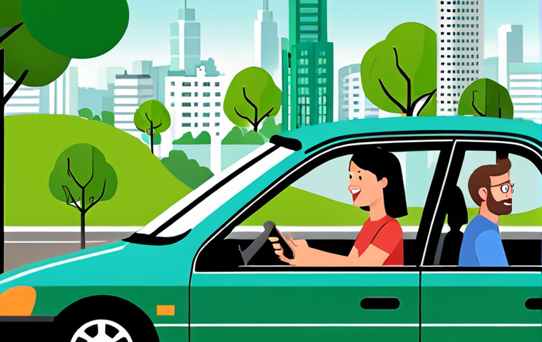 **Carpooling Platform**: Create an illustration showing a diverse group of people sharing a ride in a car, highlighting a smartphone displaying a carpooling app interface. The background should depict a cityscape with green trees to emphasize environmental awareness and sustainable mobility.