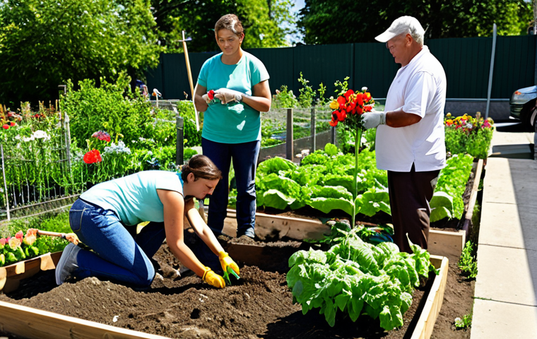 디지털 공유경제와 지역사회의 연계 - ** A group of neighbors participating in a community garden project, planting vegetables and flowers...