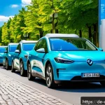 Home 12 디지털 공유경제의 비즈니스 성장 스토리 - A vibrant urban street scene in Berlin showcasing a diverse group of people using electric carsharin...