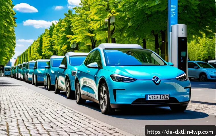 디지털 공유경제의 비즈니스 성장 스토리 - A vibrant urban street scene in Berlin showcasing a diverse group of people using electric carsharin...